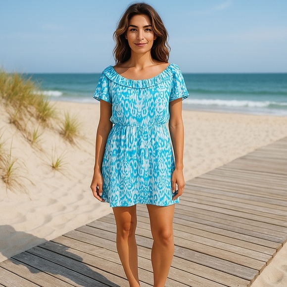 ALEX MARIE Taylor Ikat Print Ruffle Dress Neckline Blue and White Midi Size 12 - Picture 1 of 7
